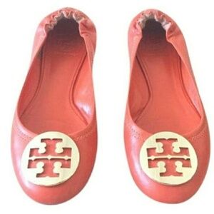 TORY BURCH Orange Size 8.5 Gold Logo Flats